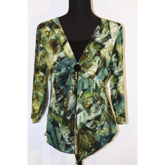 Brittany Black Tops - Y2K Babydoll GREEN Top PHOEBE BUFFAY Fairy Print Boho Silky Shirt  33 - 35 Small